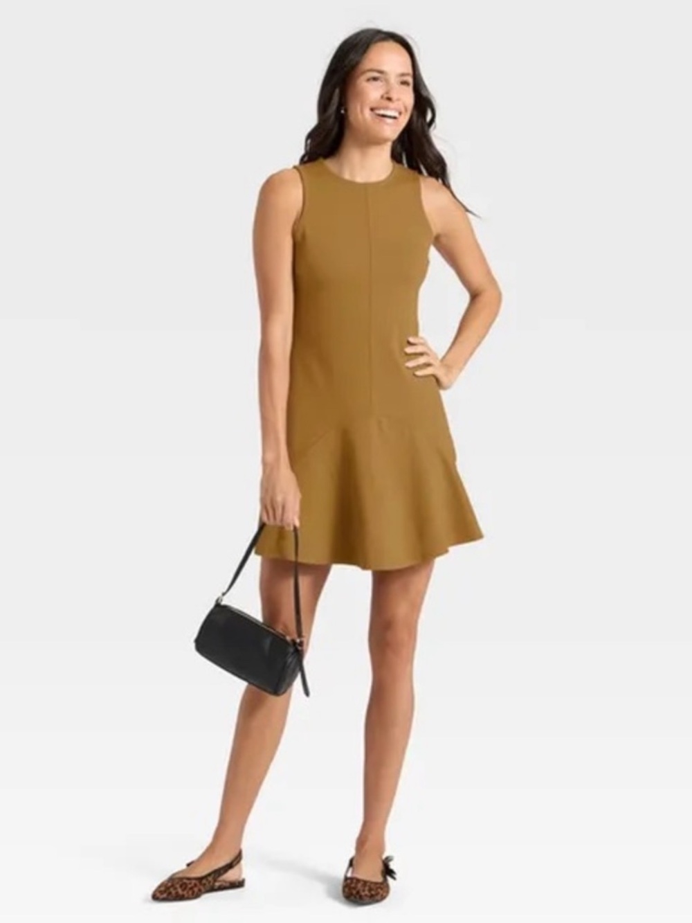 Women's Seam Detail Ponte Knit Flounce Mini Dress - A New DayOlive Brown S